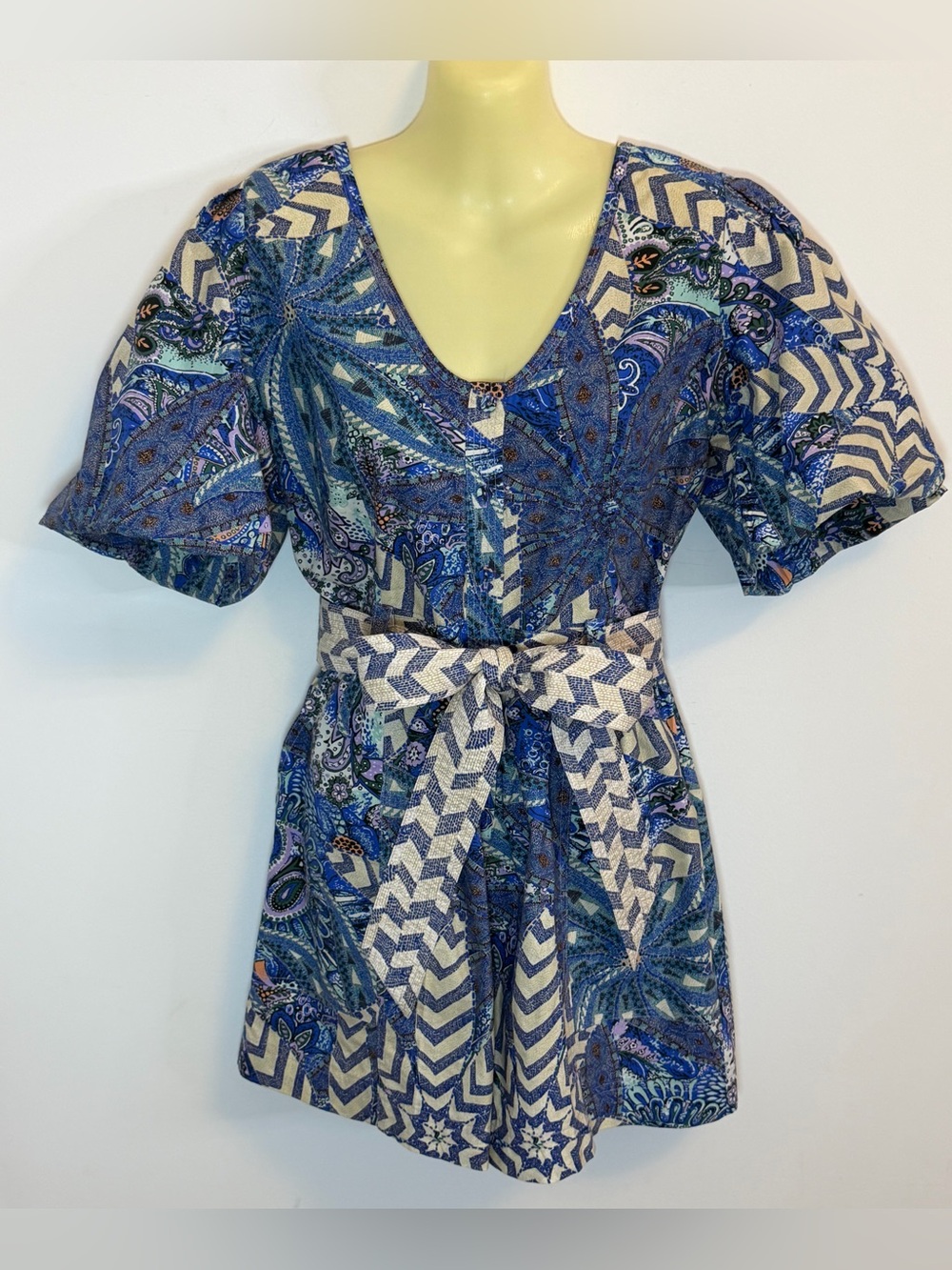Marie Oliver Puff Sleeve Blue Paisley Chevron Belted Romper